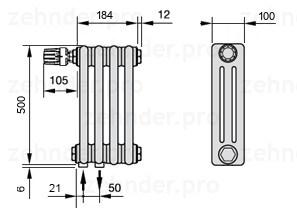 Схема (чертеж) Радиатор Zehnder Charleston 3050/4 №V001 Белый глянцевый RAL 9016